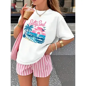 Salty Soul Sunset Beach Graphic Tee Women Oversized Short Sleeve Crewneck Summer Vacation Shirt Soft Casual Streetwear Everyday Outfit Top
