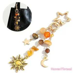 Sun and Moon Design Keychain with Colorful Star Beads & Gemstone Charm, Y2K Aesthetic Boho Hippie Bag Charm, Purse Accessory for Women, Handbag/Backpack Decoration, Christmas Gift, Bag Charms