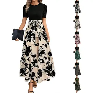 Women’s Long Floral Dresses 2025 – Business Casual, Elegant, Tie-Waist, Work Maxi Dress, Short Sleeve, Modest, Flowy