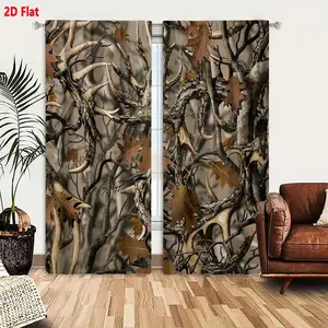 2D Flat 2-Pack Forest Camouflage Curtains, Earthy Brown Tan Gray Gnarled Tree Branches Antlers Oak Leaves Pattern, Nature Wilderness Hunting Theme Room Darkening Curtains for Bedroom Living Room, Decorative Window Drapes with Realistic Organic Camo