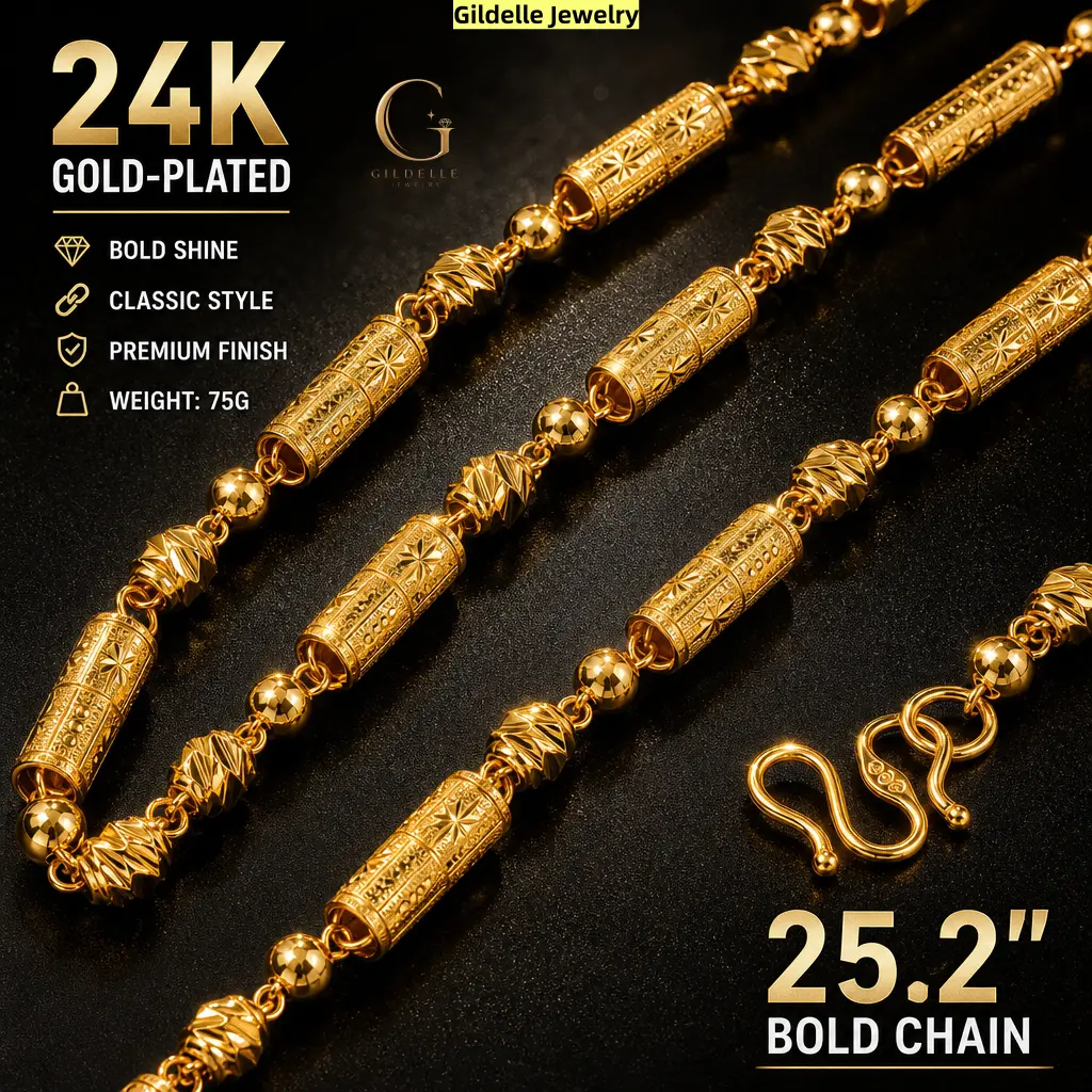 Gildelle 24K Real Gold-Plated Copper Engraved Barrel Bead Chain Necklace, 25.2-Inch 8mm 75g Cuban-Inspired Hip Hop Statement Link Jewelry for Men and Women, Vintage Textured Gold-Tone Streetwear Party Accessory