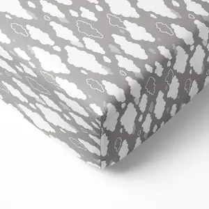 Bacati Clouds in the City 100% Cotton Percale Fitted Crib Sheet – Clouds – White/Grey