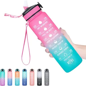 Water Bottles with Times to Drink and Straw, Motivational Water Bottle with Time Marker, Leakproof, Drinking Sports Water Bottle for Fitness, Gym and Outdoor