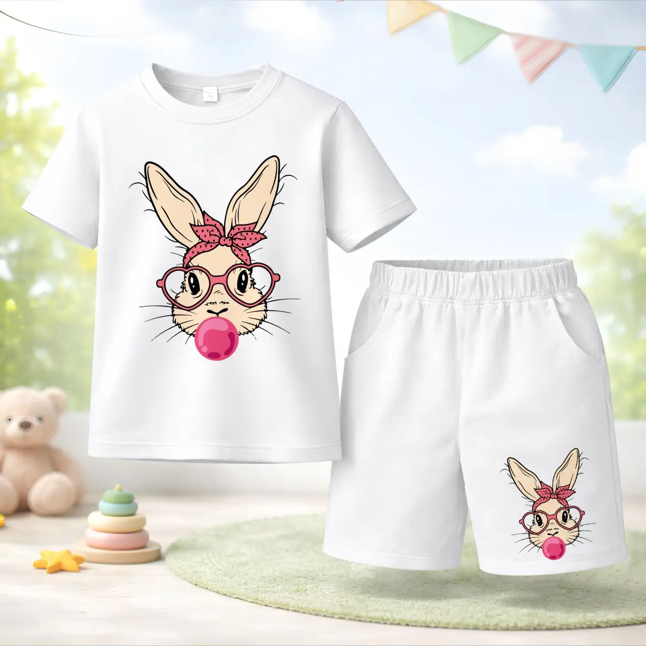 Unisex Kids Easter Cute Style Pink Bow Rabbit Printed Design Short Sleeve T-Shirt and Shorts Set, Casual Kids Summer Outfit, Comfortable Crew Neck Clothing Set for Daily Wear and Outdoor Play