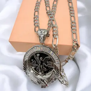 Silver-Plated Centenario Pendant with 7mm Figaro Chain 24" or 26" | Eagle Design | Luxury Shine | High-Quality Metal Coating | Perfect for Gifting or Everyday Wear
