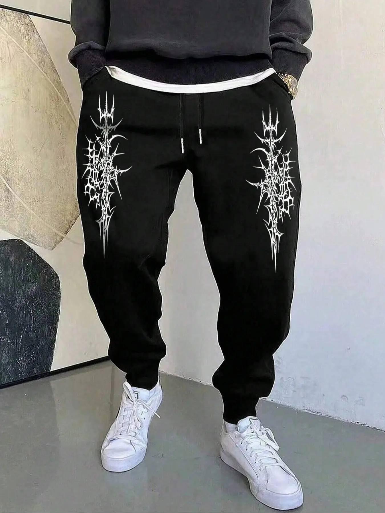 Men's Casual Sports Pants, Thorn Pattern Print Sweatpants, Drawstring Hem Loose-Fit Long Pants for All Seasons, Men's Fashion Clothing, Athleisure Style Bottoms