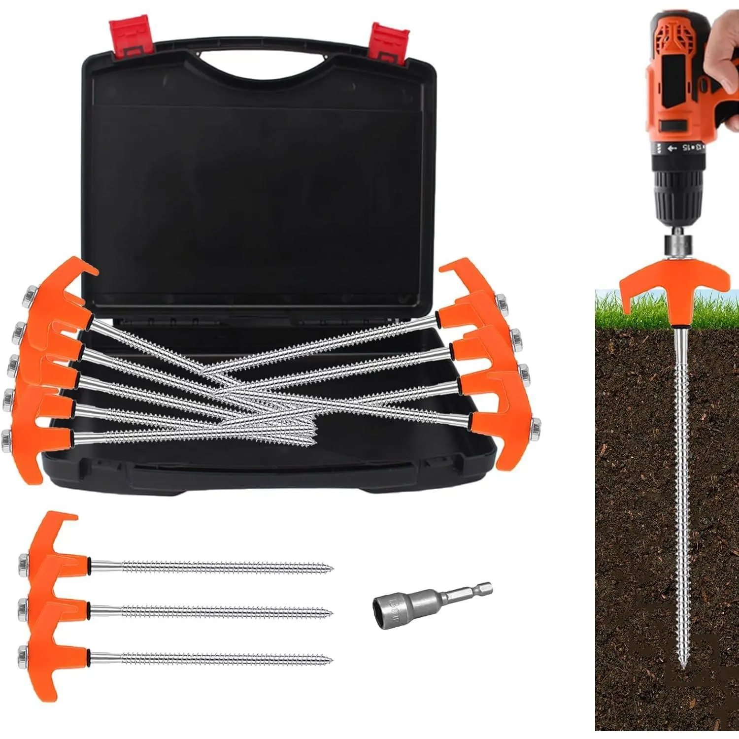 8" Tent Stakes Heavy Duty 12 Pack, Screw in Tent Stakes, Metal Threaded Camping Stakes, Ground Anchors for Canopies, Gardening, Yard Stakes for Inflatables, with Storage Box and Hex Socket