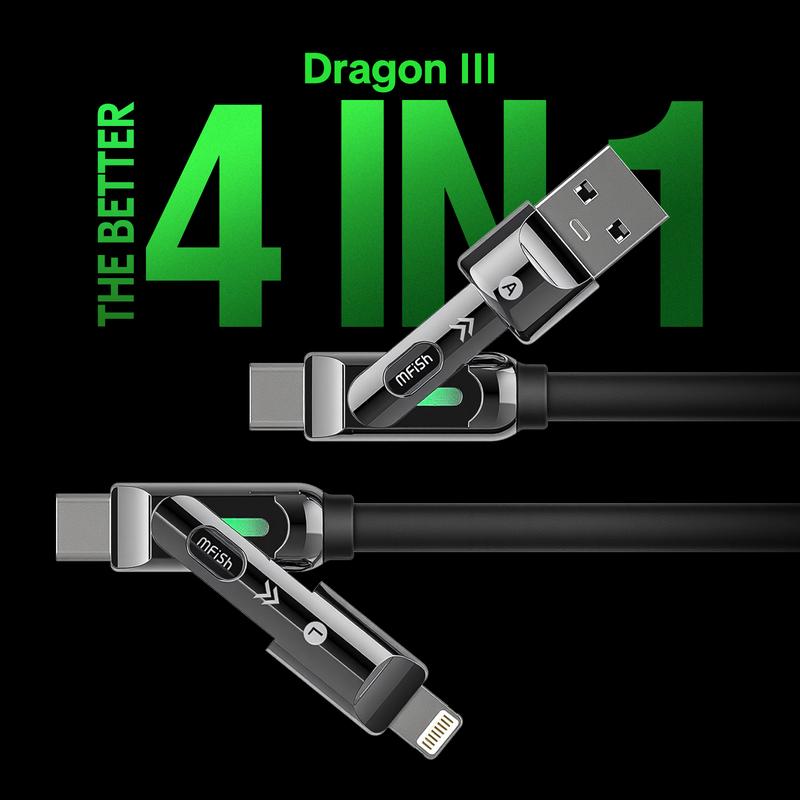 MFish Armored Dragon III 4-in-1 Multi 240W Max Fast Charging Cable with USB A Type C Lightning for iPhone 17& Samsung Laptops  Charger