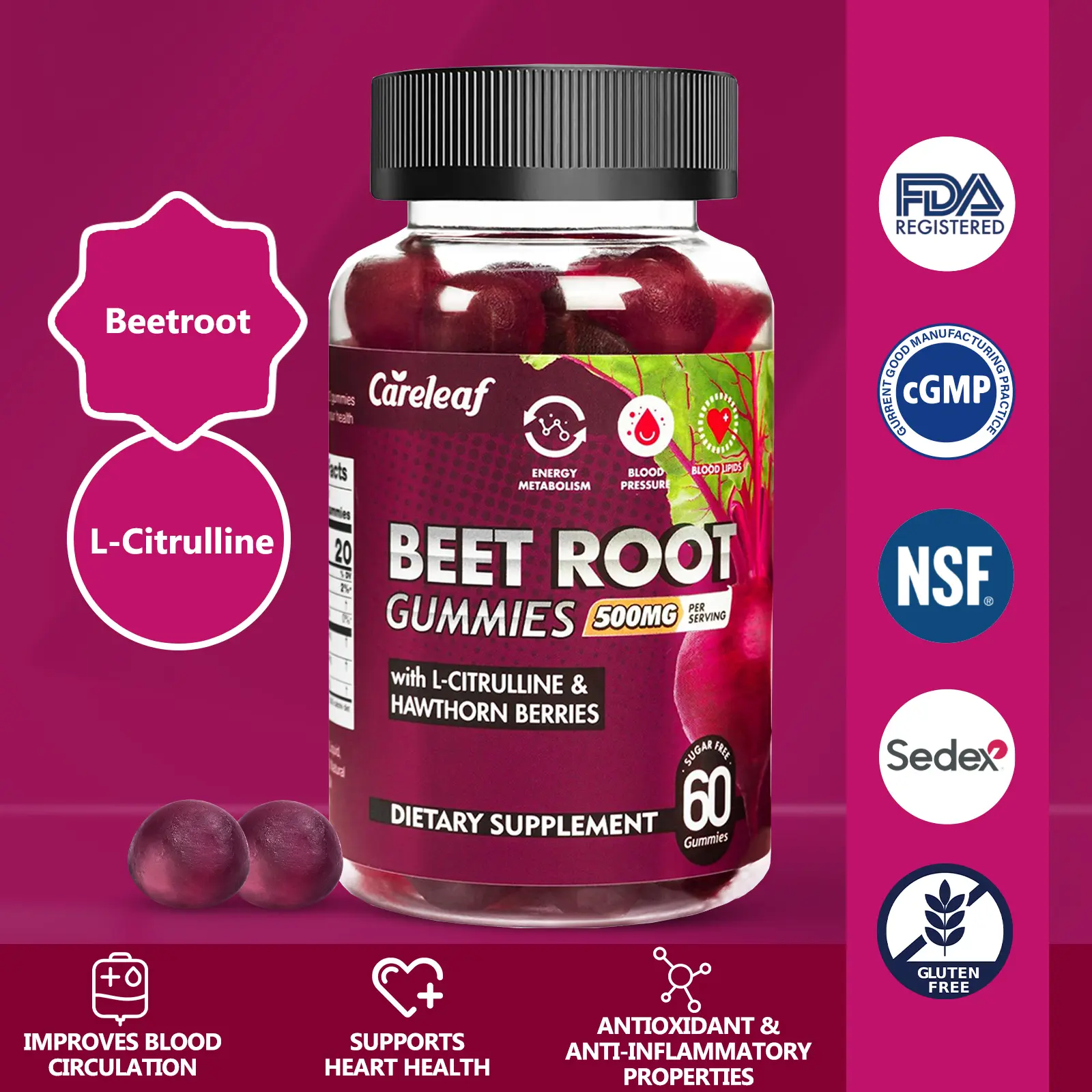 Careleaf Vegan Sugar Free Beet Root Gummies,500mg L-Citrulline & Hawthorn for Heart Health & Energy Boost - Blood Pressure Support Supplement - 60 Cts