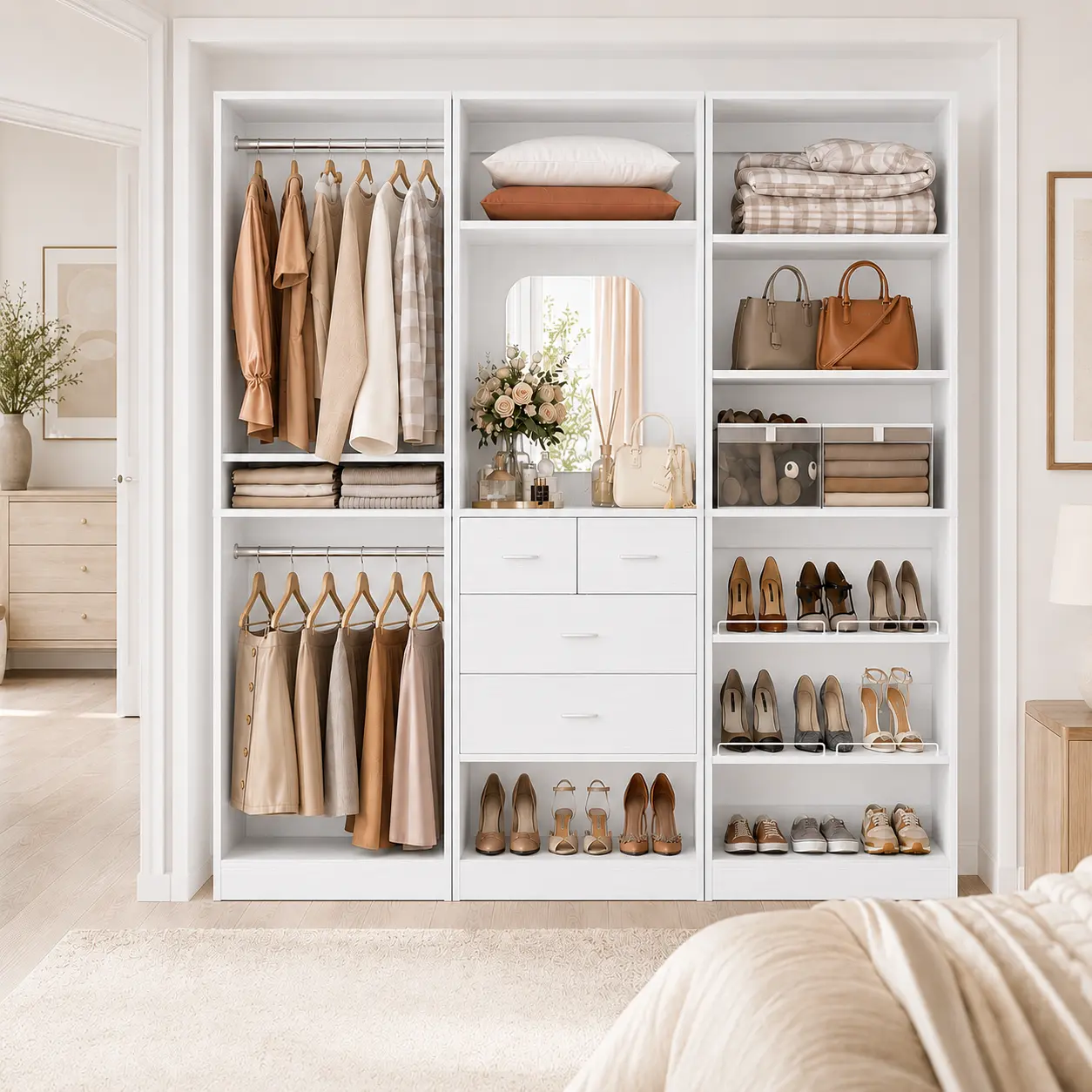 Homieasy 75'' Closets Organizer Set of 3 with Drawers, 6.2FT Wood Closet Organization System with Hanging Rods and Mirror, Reversible Large Storage Walk-in Closet Cabinet Wardrobe Garment Rack with Shoe Shelves, White