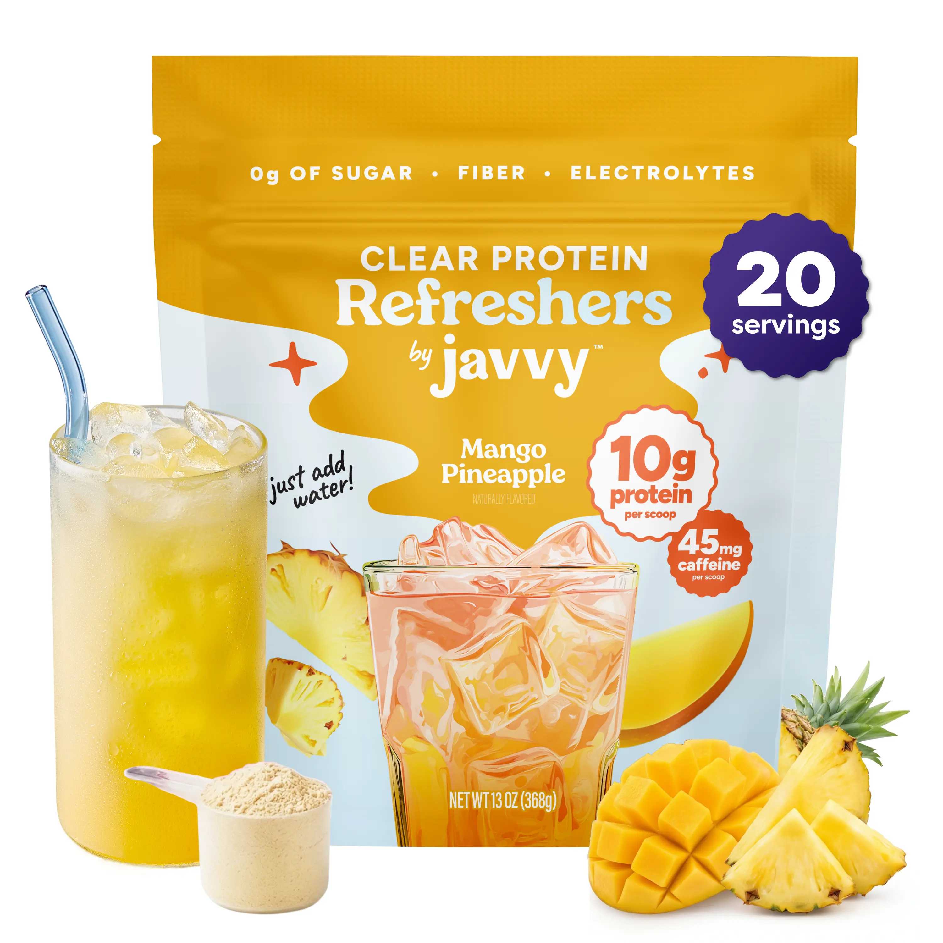 Javvy Mango Pineapple Refresher – Premium Clear Whey Protein with Electrolytes & Fiber – 100% Natural Flavors – Zero Artificial Colors & Sweeteners – 45mg of Caffeine, 0g of Sugar, 20 Servings Healthy Beverage, Energy Support, Protein Drinks