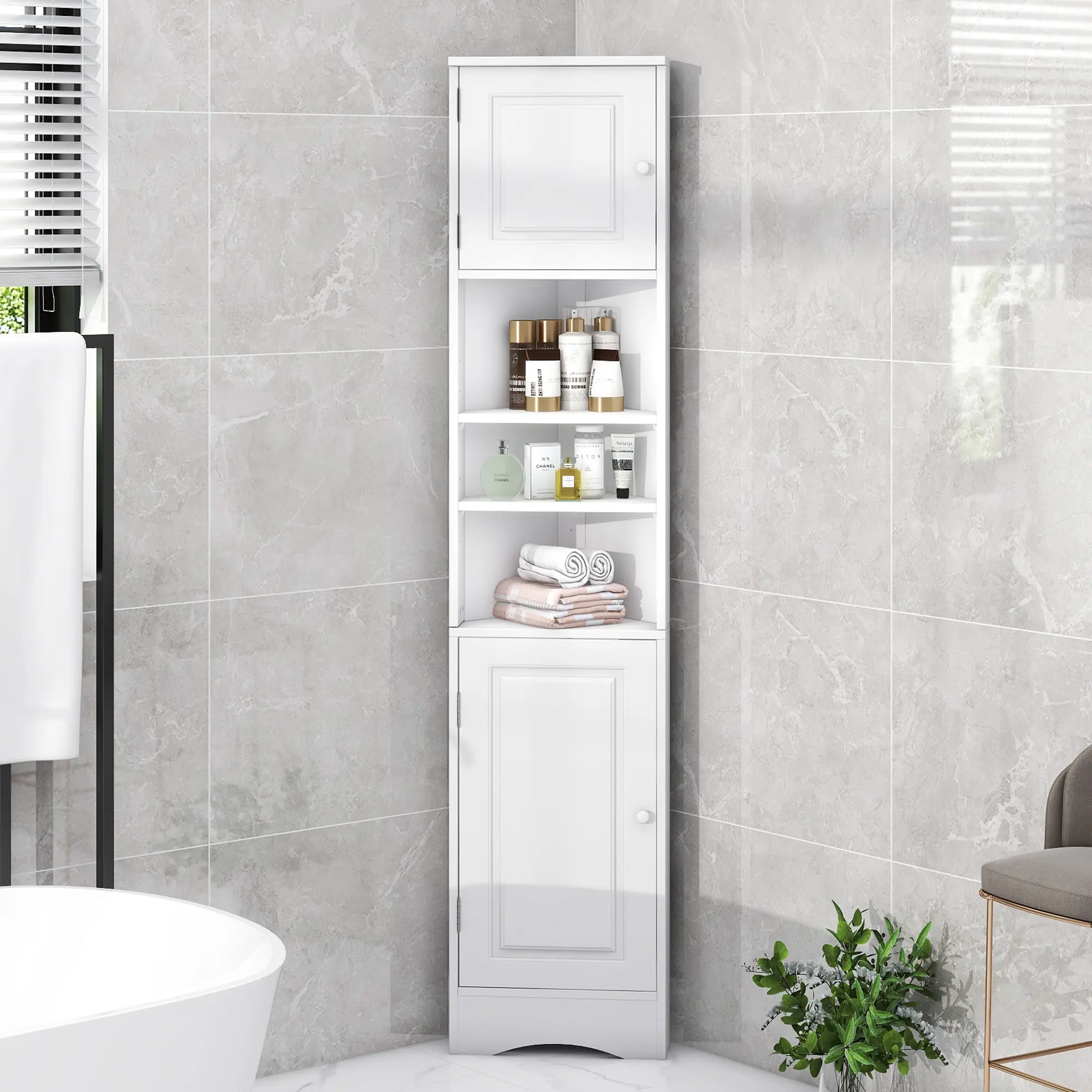 Tall Narrow White Triangular Bathroom Corner Cabinet, P2 MDF Small Thin Wood Multi-Functional Storage Cabinet with Groove Doors and Shelves, Freestanding Triangular Bathroom Organizer