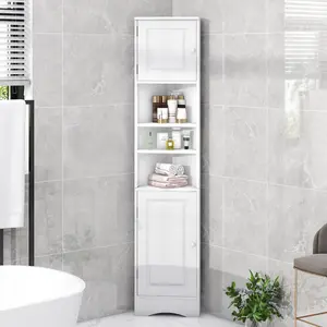 Tall Narrow White Triangular Bathroom Corner Cabinet, P2 MDF Small Thin Wood Multi-Functional Storage Cabinet with Groove Doors and Shelves, Freestanding Triangular Bathroom Organizer