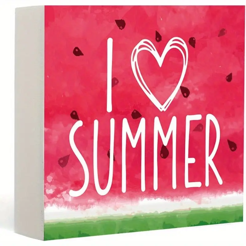 I Love Summer Pine Wooden Box Sign, Summer Watermelon Decorations for Home & Office, Housewarming Gift, Decorations Suitable for Table, Shelf, Desk Decor, Farmhouse Sign for Kitchen Shelf Party Decor 5x5 inch