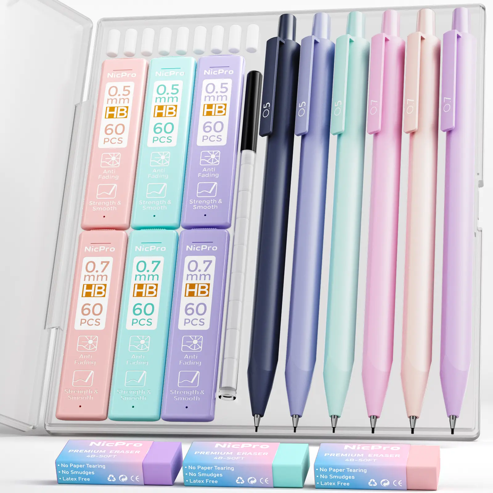 Nicpro Refillable Pastel Mechanical Pencils Set - 6-Pack (0.5mm & 0.7mm), 6 Tubes HB Leads, 3 Eraser Packs, 9 Eraser Refills, Smooth Write Office Stationery Supplies for Creative Projects