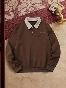 Men's Oversized Colorblock Polo Sweatshirt, Collar, Minimalist Logo Print, Casual College Street Style, Comfortable Daily Wear, Tops