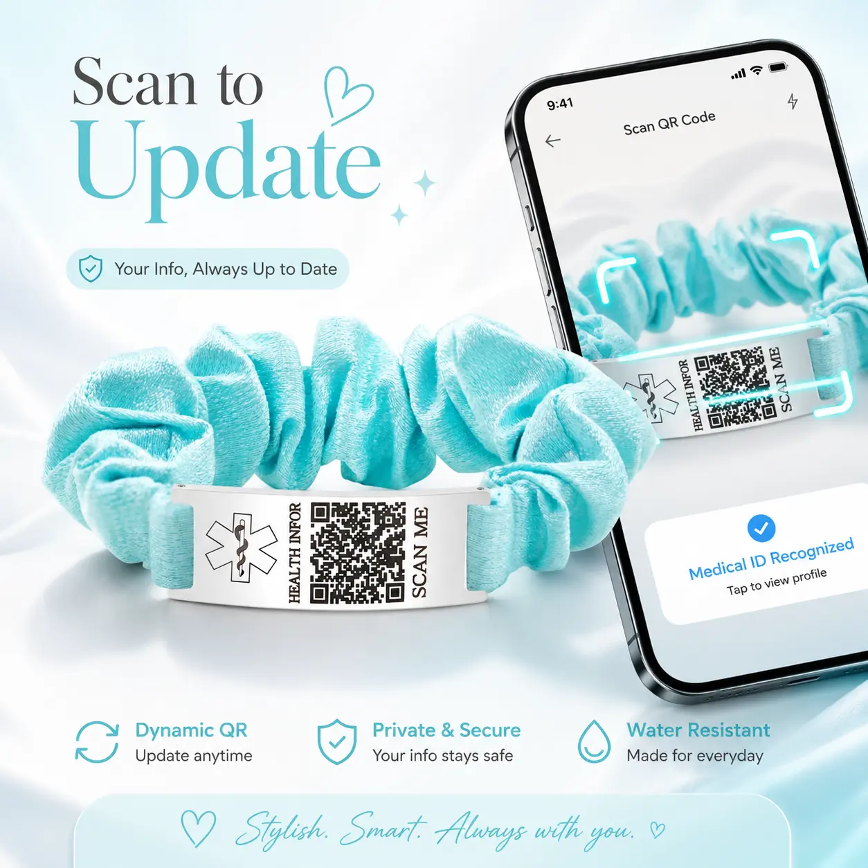 Dynamic QR Code Medical Alert Scrunchie Bracelet for Women, Editable Fabric Medical ID Wristband, Scan to Update Emergency & Health Information Without Login, Elastic Hair Tie Style, Blue