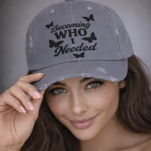 Becoming Who I Needed Cap | Butterfly Script Distressed Hat