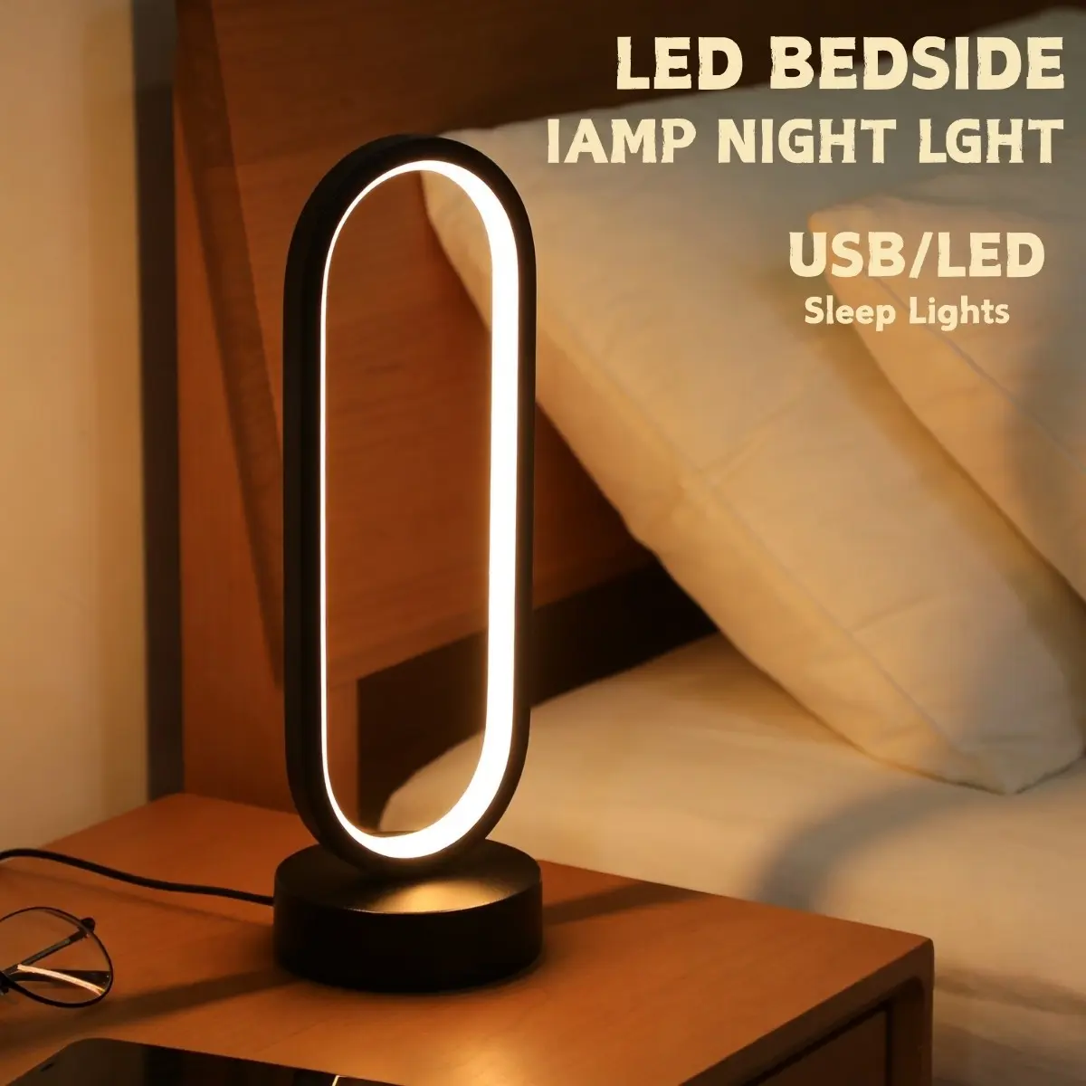 Modern Simple LED Ring Table Lamp with Dimmer Switch, Bedside Table Lamps, Bedside Light for Bedroom Living Room Home Office, Desk Lamp, Bedroom Night Light, USB Night Light
