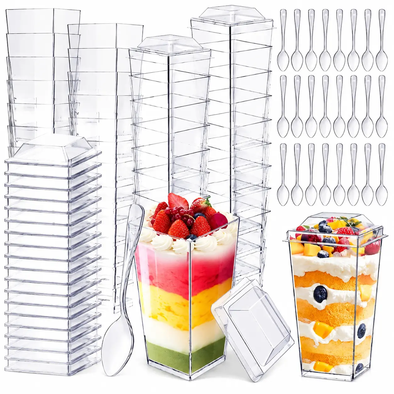 50 Pack Clear Dessert Cups with Lids and Spoons, Mini Parfait Cups for Layered Desserts, Pudding, Yogurt, Ice Cream and Fruit Display, Elegant Party Dessert Containers for Weddings Birthdays Gatherings