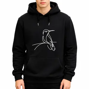 Casual Long Sleeve Hoodie Featuring Black-throated Hummingbird Line Art - Unisex Loose Fit Comfort