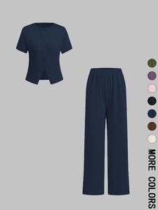 two-piece set women's solid color top & wide leg pants, casual basic comfy round neck top & trousers for daily wear, ladies two-piece outfits for all seasons, clothes, womenswear, casual matching set