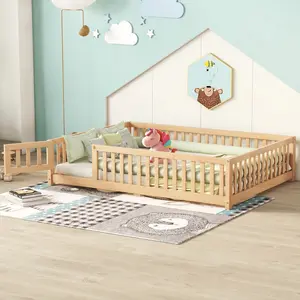 Bellemave Twin/Full/Queen Size Floor Bed with Safety Guardrails & Door Natural Pine Rubber Wood Crib For Infant Low Profile Design