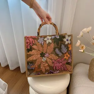 AS615 Fashion Sequined Horizontal Large Tote Bag Linen Women's Bag 2026 New Large Capacity Embroidered Bamboo Tote Bag