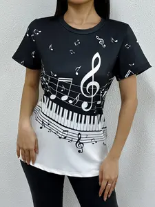Chic Mucic Festival-Inspird Black&White Piano Print T-shirt-Casual Crew Neck,Short Sleeve Top for women-XZFBM2884 shirt  exchange