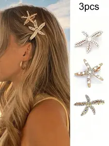 Vintage Faux Pearl Decor Starfish Shaped Hair Clip Set, Stylish Hair Bun Maker Accessories for Women & Girls, Flat Claw Clips for Daily Use