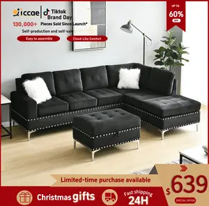 [3-Piece Set] Niccae Three-Seater Corner Sofa with Flip-Up Chaise Longue, Storage Footstool and Cup Holder, Metal Legs and Brass Studs, Two White Velvet Cushions, and Two Free White Plush Pillows (107.5 inches x 80.5 inches x 36 inches)