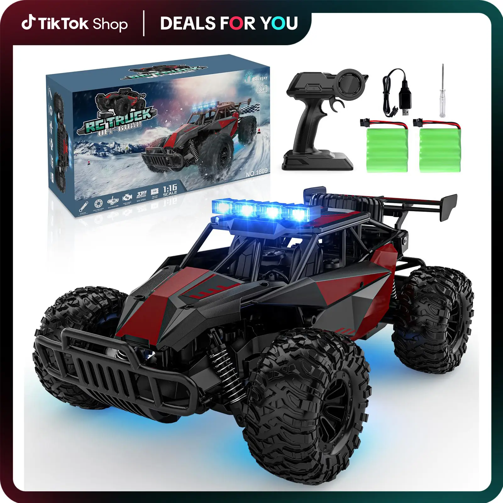 Aiencsai Remote Control Car - 2.4GHz High Speed 33KM/H RC Cars Toys, 1:12 Monster RC Truck Off Road with LED Headlight and Rechargeable Battery Gifts