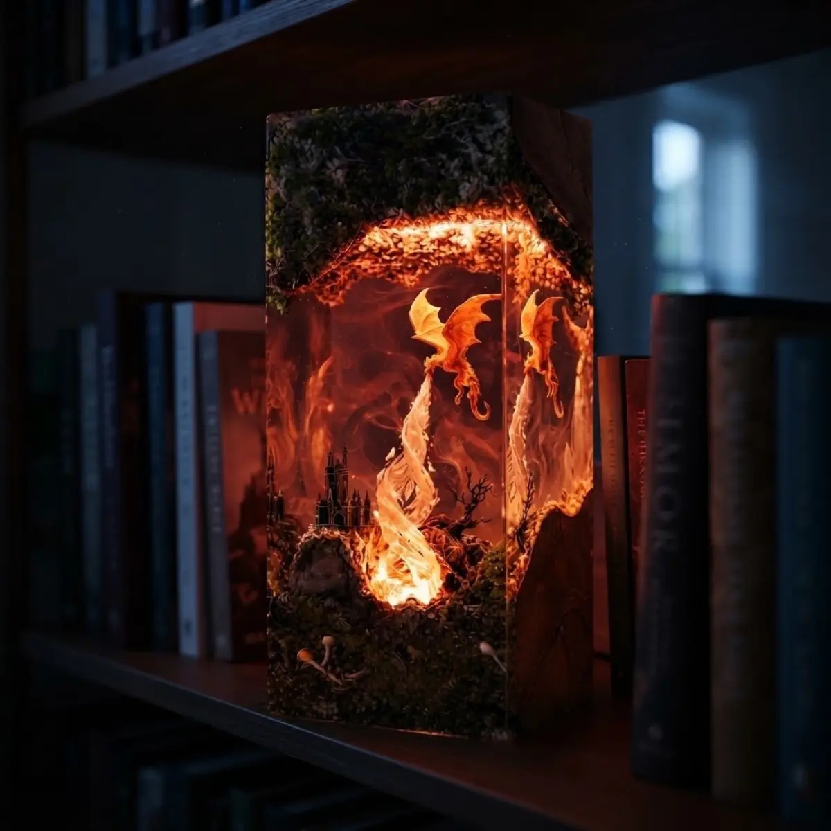 [Limited edition] [FD6] Fantasy Dragon Resin Lamp, Handmade Epoxy Resin Night Light, Dragon Fire Castle Diorama, Wooden Base Desk Lamp, Gothic Fantasy Decor, Bookshelf Ambient Light, Unique Gift for Dragon Lovers