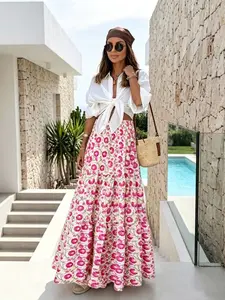 Elegant women's skirt, floral print elastic waist A-line long skirt, casual vacation skirt, beach skirt, summer women's clothing