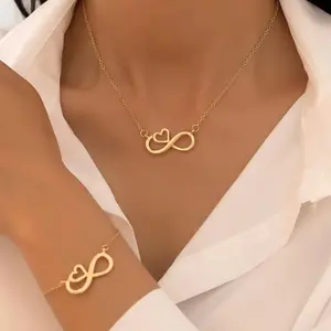 2pc Metallic Heart Geometric Figure Eight Pendant Necklace & Bracelet Set