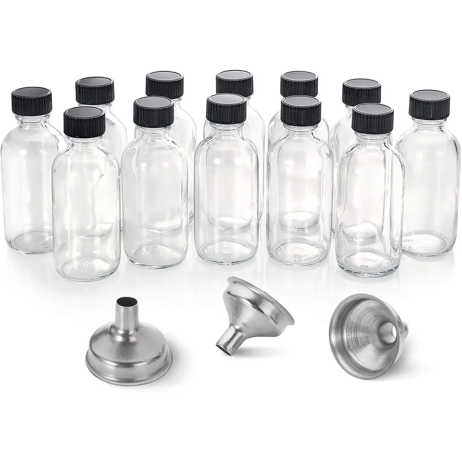 12 Pack, 2 oz Small Clear Glass Bottles w/Lid & 3 Funnels - 60ml Boston Shot Bottles for Health, Immunity, Potion, Wellness, Sample, Ginger, Juice - Mini Personal Care & Beauty Travel Bottle
