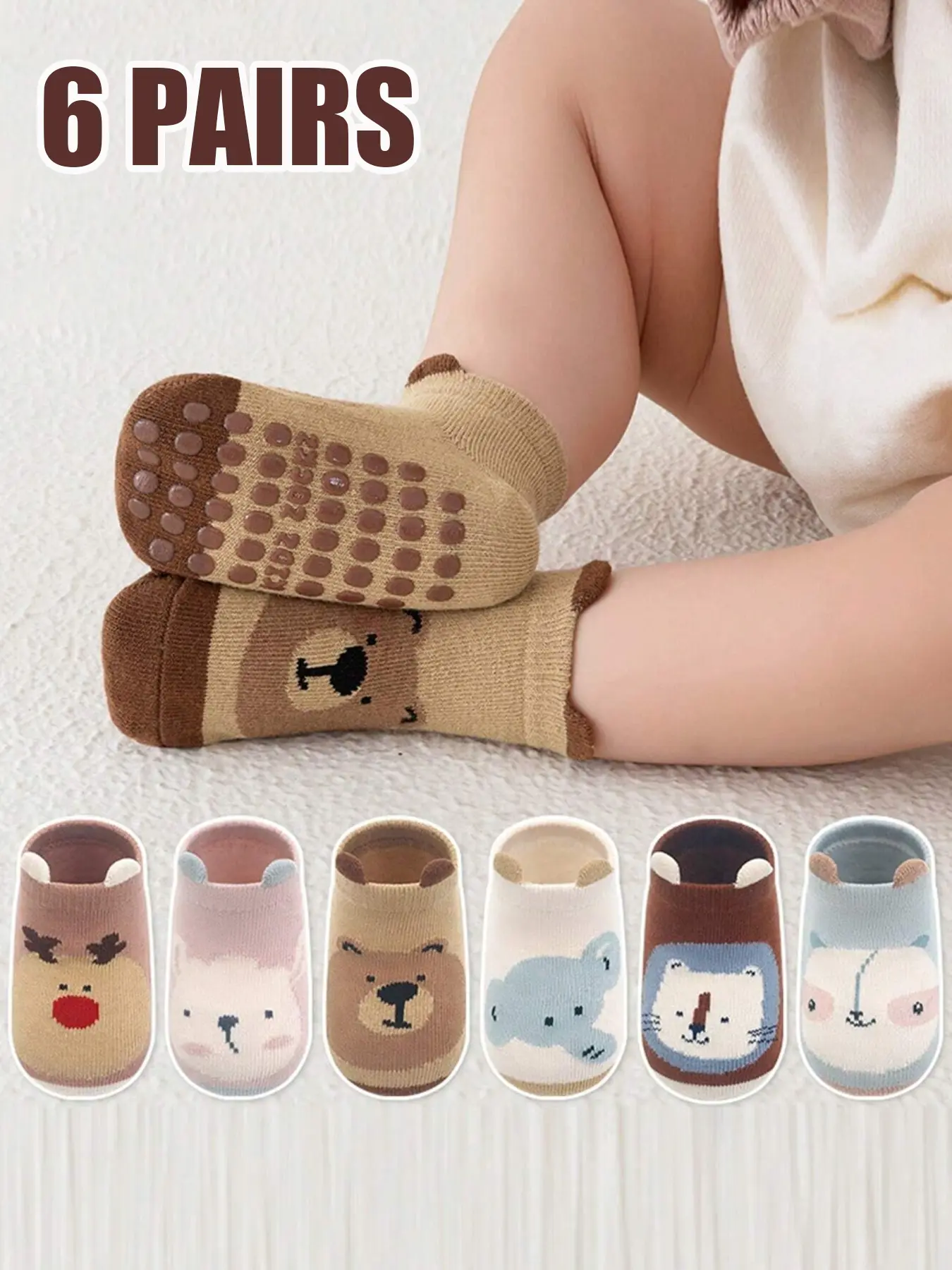 6 Pairs Kids Socks, Baby Toddler Non-Slip Indoor Floor Socks, Cartoon Animal Design, Unisex Short Socks for Boys & Girls, Cute Textured Socks, Toddler Grip Socks