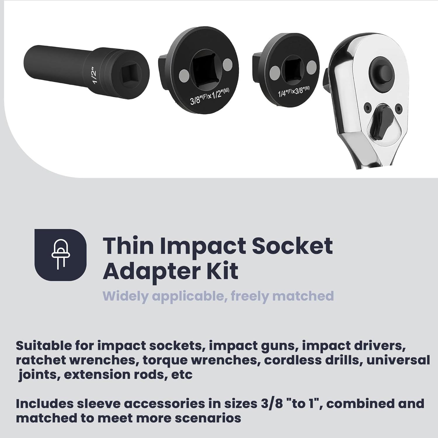 4pcs Low Profile Impact Socket Adapter Set Drive Ratchet Adapter Set 1/4" to 3/8", 3/8" to 1/2", 1/2" to 3/4", 3/4" to 1" Magnetic Design