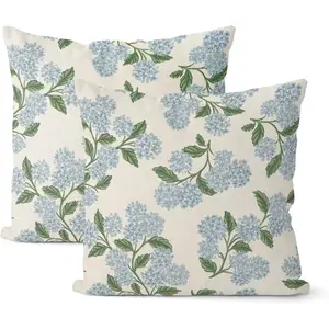 Spring Pillow Covers 18x18 Inch 2 Pcs Blue Green Hydrangea Flower Decor Throw Pillows Vintage Floral Seasonal Summer Outdoor Decoration Pillowcase Linen Cushion Cover for Couch Sofa