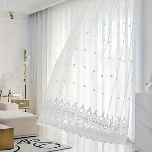 1pc Elegant French Lace Embroidered Transparent Curtains, Romantic Floral Design, Lightweight Polyester, Semi-Transparent, Privacy Curtain