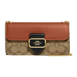 COACH Morgan 20 Classic Monogram Snap-Clasp Leather Small Square Handbag for Women, Khaki and Brown