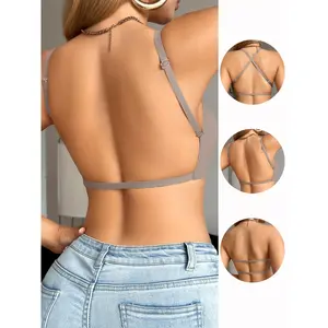 [Seamless V-Neck Backless Bra] 1pc Seamless V-Neck Backless Bra |   Cross Straps, Wireless, Light Support, Removable Padding