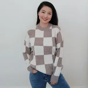 100% Wool Cream and Beige Checkered Sweater
