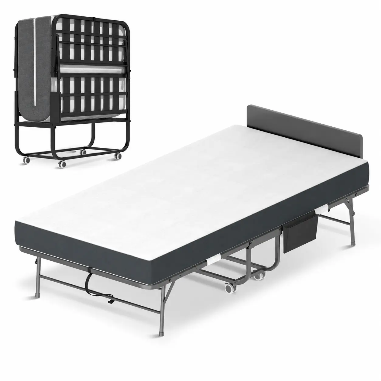 IRAUKKO Compact Folding Bed for Adults - Metal Bed Frame, Metal+Polyest Blend Mattress, Locking Wheels, Side Pockets, Headboard, 3 Sizes Avail (75"x31"/75"x38"/75"x46"), Requires Assembly, Modern Bedroom Compact Storage Solution