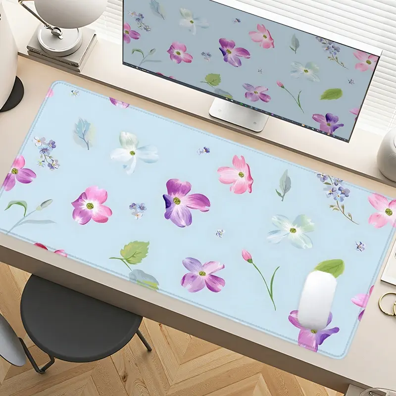 Light Blue Floral Desk Mat Gaming Mouse Pad XXL Extended Mouse Pad for Laptop Large Mouse Pad for Desk with Non-Slip Rubber Base Stitched Edges Surface for PC Gamers Office Workers & Home Use