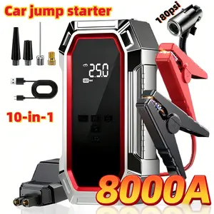 10-in-1 Wireless Car Repair Tools, 180 PSI air compressor, 12/24V battery boost starter, 8000mAh battery pack, tire pressure monitor, flashlight, intelligent jumper connector, inflation accessories, Digital tire inflator