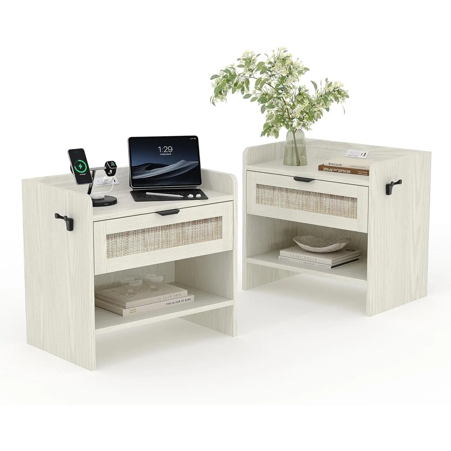 2-Piece Boho Rattan Nightstands Set, Wooden Farmhouse Bedside End Table with 1 Drawer, Open Shelf & Charging Station for Bedroom, Living Room (White), Nightstand