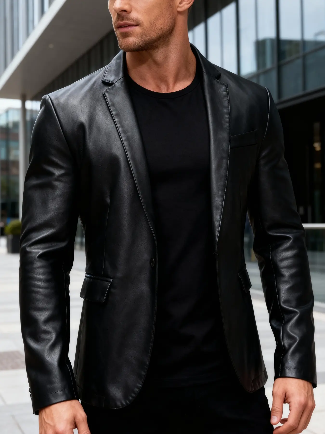 Men's Slim Fit Faux Leather Blazer, Stylish Black PU Leather Suit Jacket, Casual Party Night Out Streetwear Fitted Casual Outerwear Coats, Business Casual Jacket