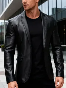Men's Slim Fit Faux Leather Blazer, Stylish Black PU Leather Suit Jacket, Casual Party Night Out Streetwear Outerwear Coats