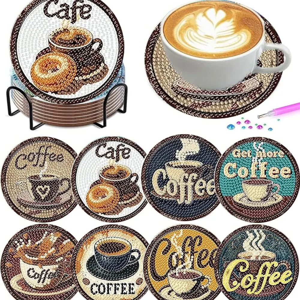 8 pieces/set of diamond painted coaster set with coffee pattern coaster (with holder) - DIY diamond art craft kit for home decoration beginners, diamond craft supplies, artificial diamond art craft supplies gifts, Diamond Painting Coasters